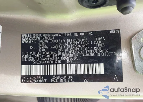 2008 Toyota Sequoia Sr5 5.7L V8 из США, поврежденный, VIN 5TDZY64A18S014746